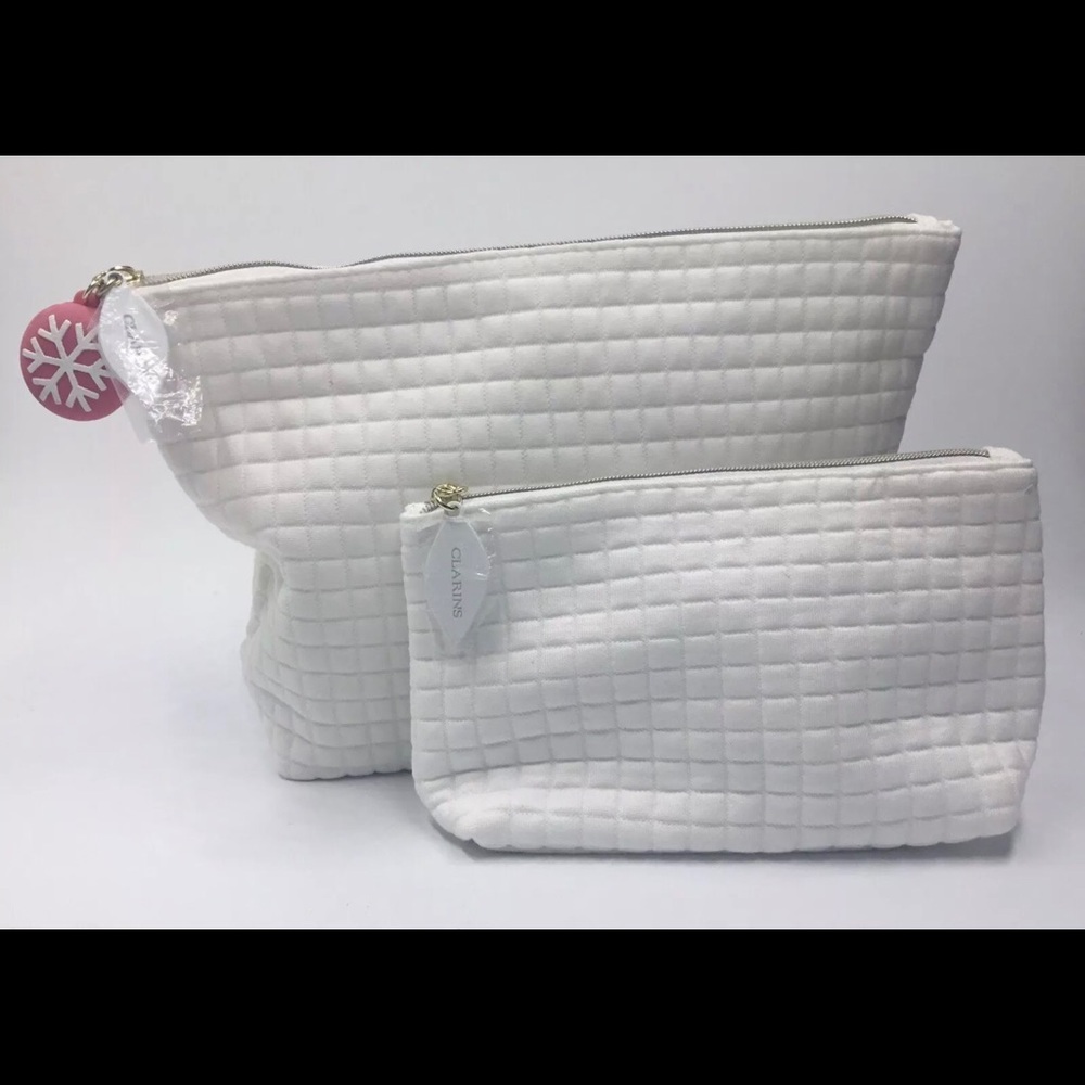 2 PC Clarins Womans White Quilted Makeup Bags